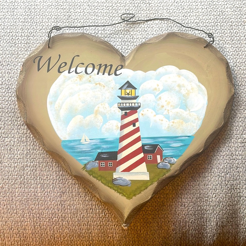 Heart shaped wooden Welcome sign with lighthouse/coastal scene